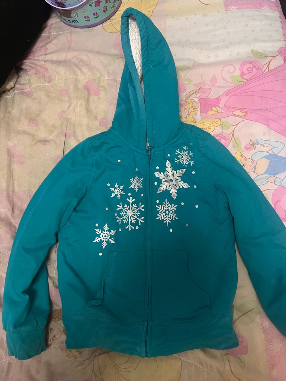 1989 Place Teal Hooded Puffer Jacket with Snowflake Print